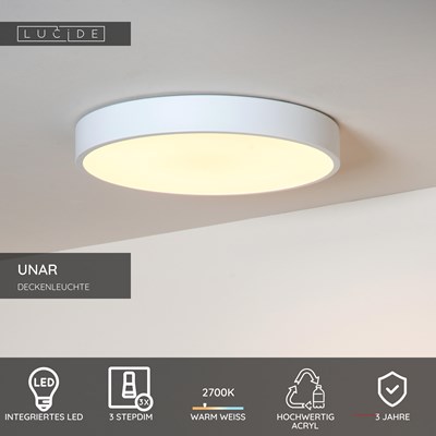 Lucide UNAR - Deckenleuchte - Ø 39,5 cm - LED 3 StepDim - 1x24W 2700K - Weiß